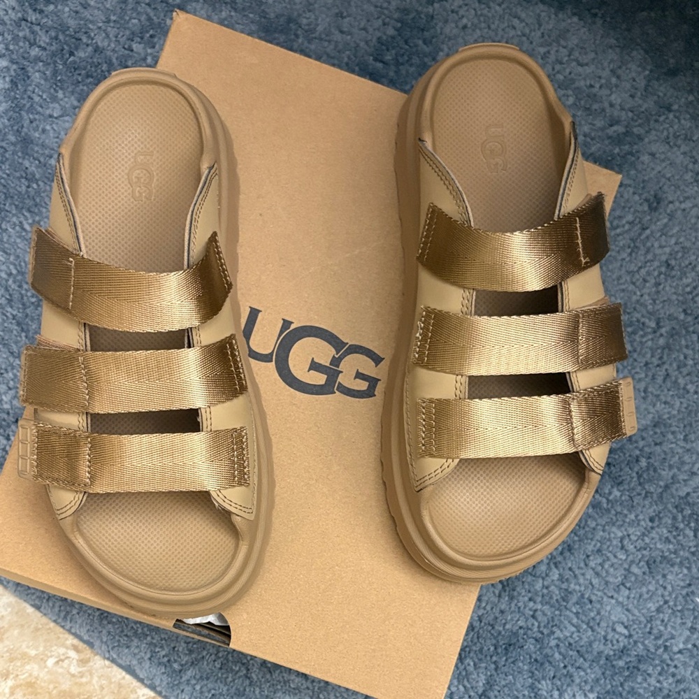 UGG Tan and Gold Slide Sandals Fun and Beautiful